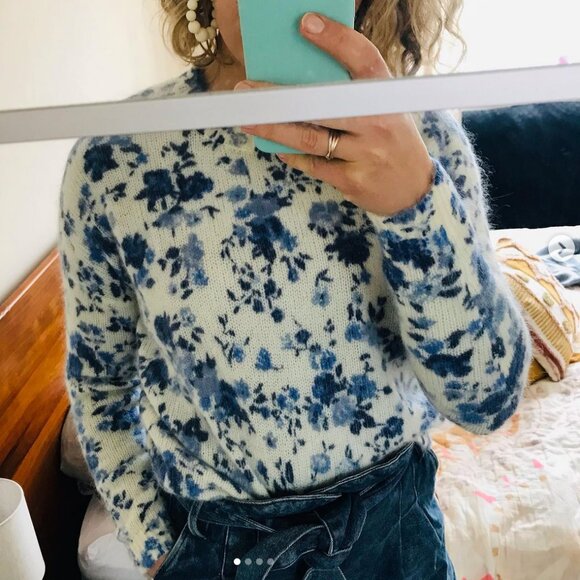 BEST Sezane Amaya Jumper Peonies Blue Ecru Ivory Floral Sweater Kid Mohair Frenc - Picture 5 of 13